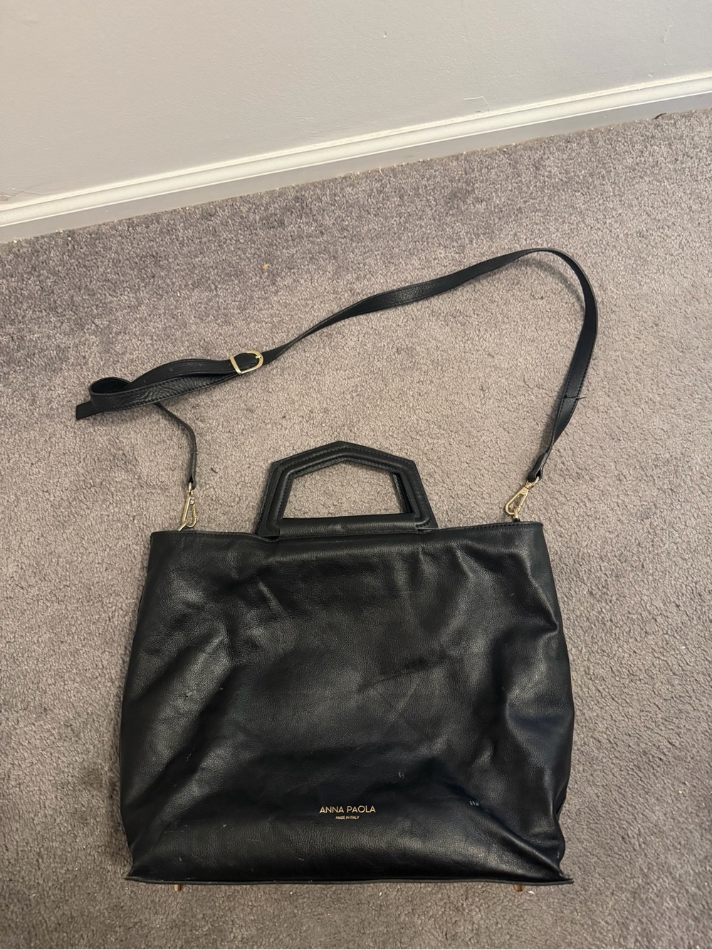 Anna Paola Black Leather Tote with Top Handles and Shoulder Strap, made in Italy